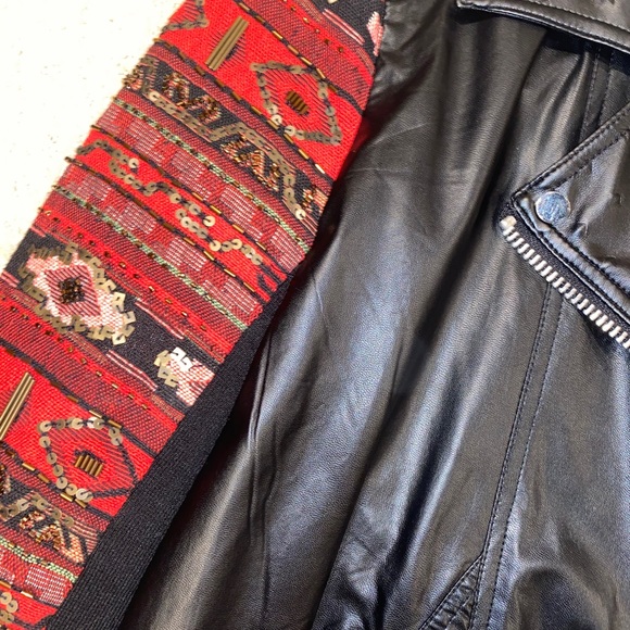Black (faux) leather jacket w/ red beaded sleeves - Picture 3 of 4